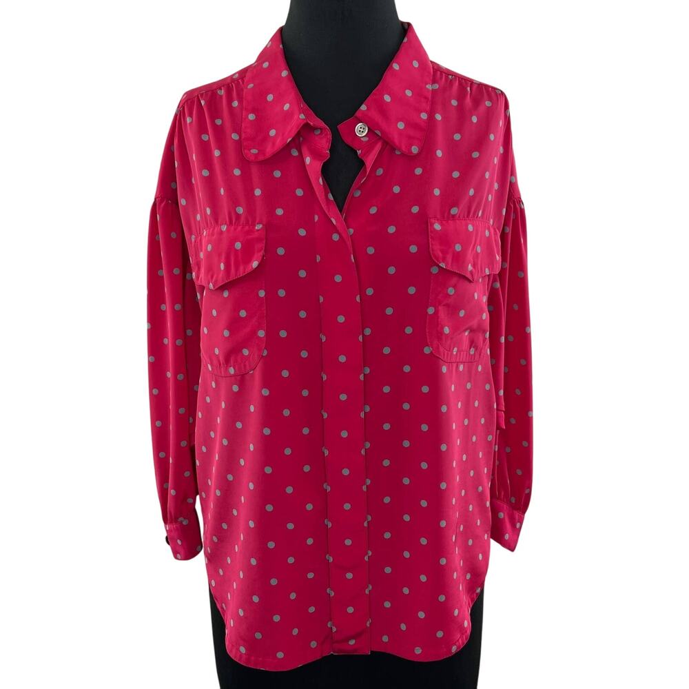 Vintage Women Pink Gray Polka Dot Collared Long Sleeve Pocket Blouse L Large VTG